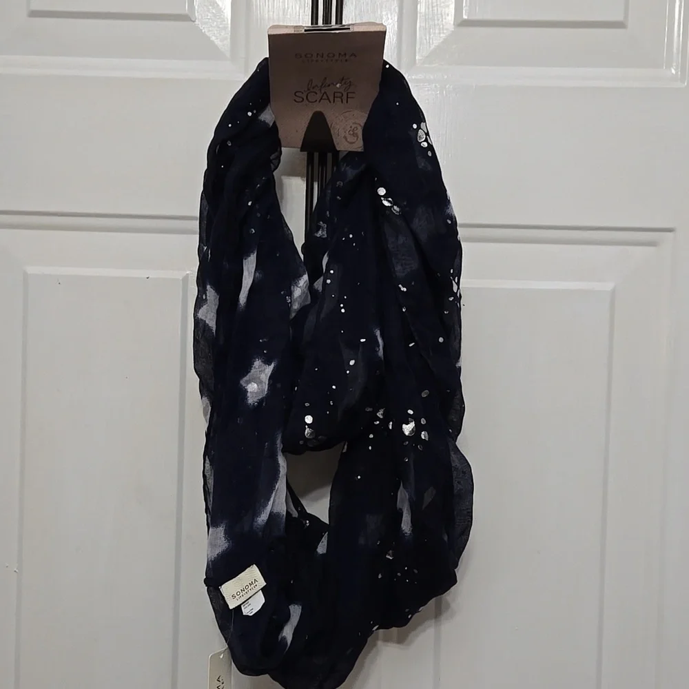 Sonoma Navy White Silver Star Pattern Infinity Scarf Polyester Washable New $28